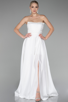 White Strapless Slit Long Stin Prom Dress ABU4013