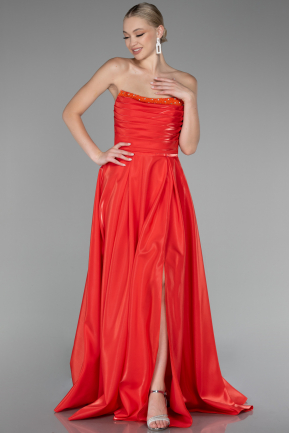 Orange Strapless Slit Long Stin Prom Dress ABU4013