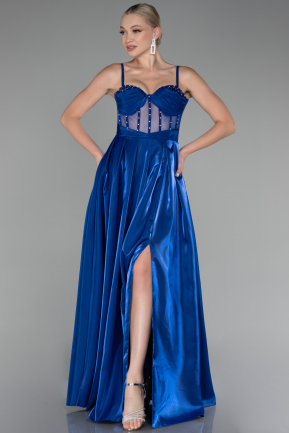 Sax Blue Strappy Underwire Corset Slit Long Satin Prom Dress ABU4112