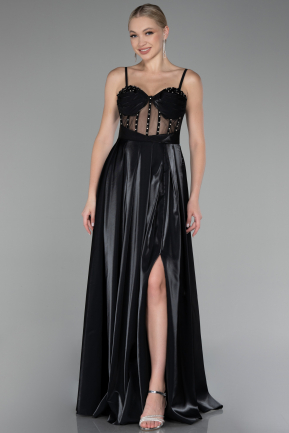 Black Strappy Underwire Corset Slit Long Satin Prom Dress ABU4112