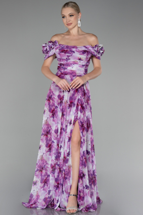 Purple Boat Neck Floral Slit Long Prom Dress ABU4113