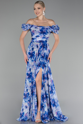 Sax Blue Boat Neck Floral Slit Long Prom Dress ABU4113