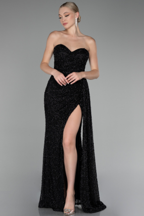 Black Strapless Slit Beaded Long Evening Gown ABU4114