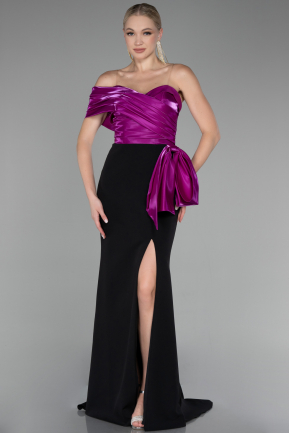 Fuchsia-Black One Shoulder Slit Long Mermaid Evening Gown ABU4115