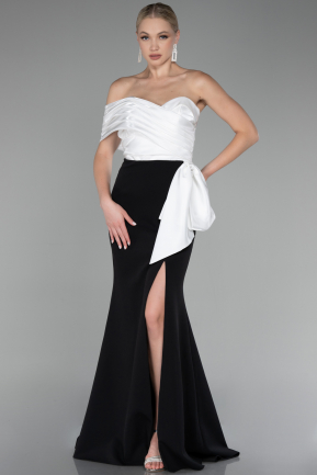 Black-White One Shoulder Slit Long Mermaid Evening Gown ABU4115