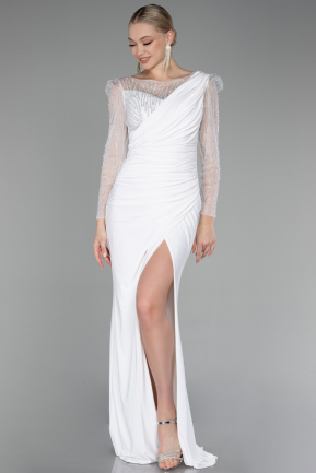 White Stoned Long Sleeve Slit Evening Gown ABU4117