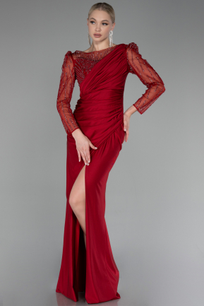 Red Stoned Long Sleeve Slit Evening Gown ABU4117