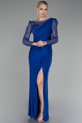 Sax Blue Stoned Long Sleeve Slit Evening Gown ABU4117