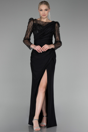 Black Stoned Long Sleeve Slit Plus Size Evening Gown ABU4119