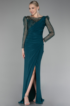Emerald Green Stoned Long Sleeve Slit Evening Gown ABU4117