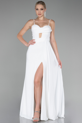 White Strap Slit Long Chiffon Evening Dress ABU4118