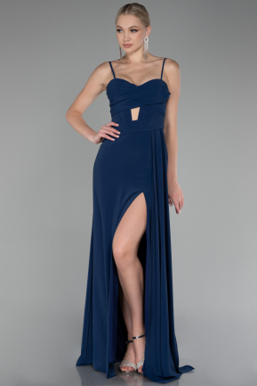 Navy Blue Strap Slit Long Chiffon Evening Dress ABU4118