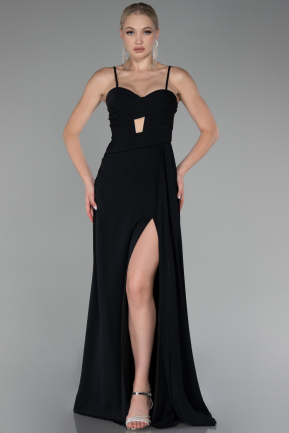 Black Strap Slit Long Chiffon Evening Dress ABU4118