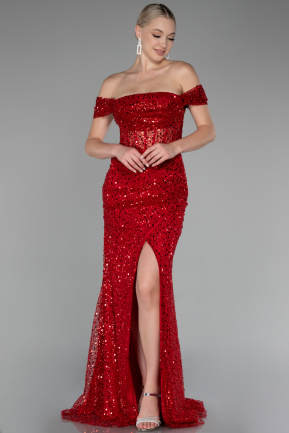 Red Boat Neck Slit Long Sequined Evening Gown ABU4120