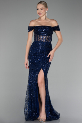 Navy Blue Boat Neck Slit Long Sequined Evening Gown ABU4120
