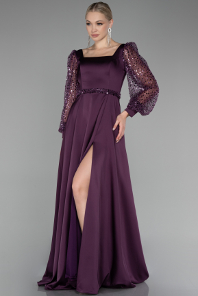 Purple Sequined Long Sleeve Slit Satin Evening Dress ABU4124