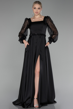 Black Sequined Long Sleeve Slit Satin Evening Dress ABU4124