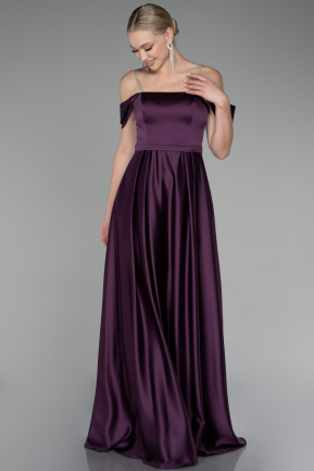 Purple Boat Neck Long Satin Plus Size Prom Dress ABU4125