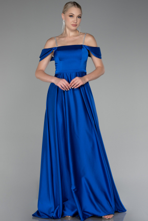 Sax Blue Boat Neck Long Satin Prom Dress ABU4122