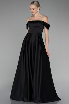 Black Boat Neck Long Satin Plus Size Prom Dress ABU4125