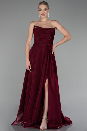 Burgundy Strapless Slit Long Stin Prom Dress ABU4013