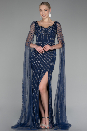 Navy Blue Long Shawl Sleeve Stone Haute Couture Dress ABU4128