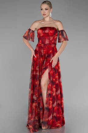 Red Strapless Slit Long Printed Prom Dress ABU4129