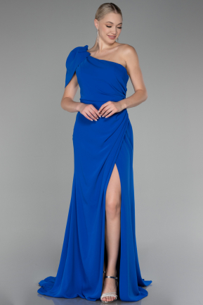 Sax Blue One Shoulder Slit Long Chiffon Prom Dress ABU4091