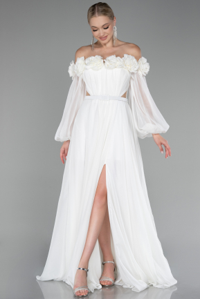 White Boat Neck Long Sleeve Plus Size Chiffon Prom Gown ABU4131