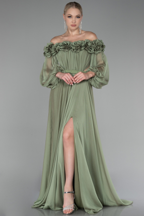 Olive Drab Floral Boat Neck Long Sleeve Chiffon Prom Gown ABU4130