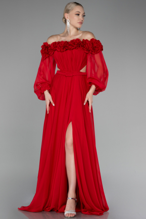 Red Boat Neck Long Sleeve Plus Size Chiffon Prom Gown ABU4131