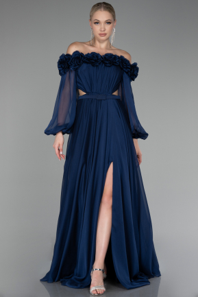 Navy Blue Floral Boat Neck Long Sleeve Chiffon Prom Gown ABU4130