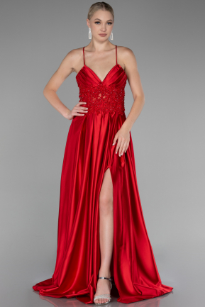 Red Strappy Long Satin Prom Gown ABU4133