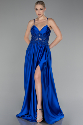 Sax Blue Strappy Long Satin Prom Gown ABU4133