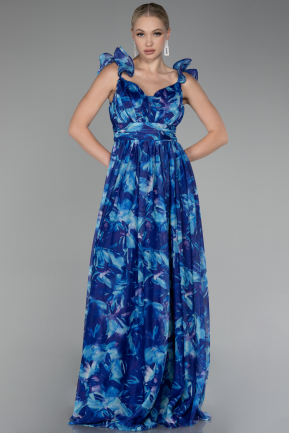 Sax Blue Strappy Floral Long Prom Dress ABU4134