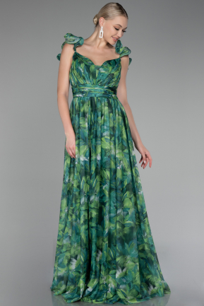 Green Strappy Floral Long Prom Dress ABU4134