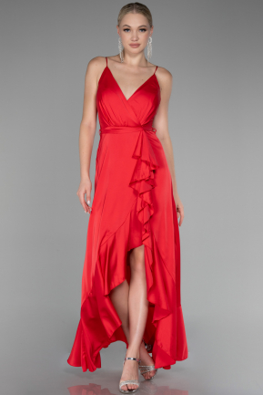Red Front Short Back Long Satin Prom Gown ABO109