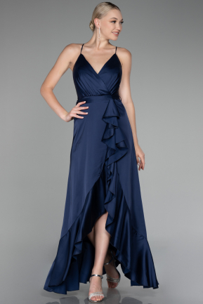 Navy Blue Front Short Back Long Satin Prom Gown ABO109
