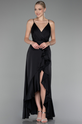 Black Front Short Back Long Satin Prom Gown ABO109