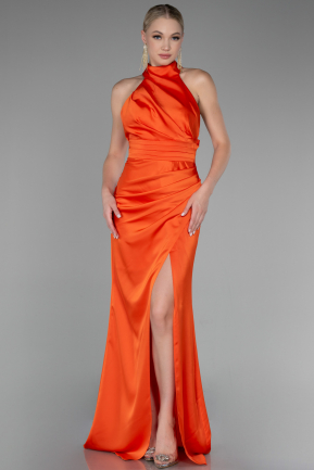 Orange Halter Neckline Slit Satin Evening Dress ABU4109