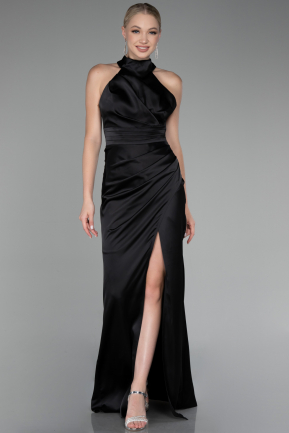 Black Halter Neckline Slit Satin Plus Size Evening Dress ABU4110