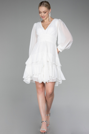 White Long Sleeve Chiffon Short Cocktail Dress ABK2117