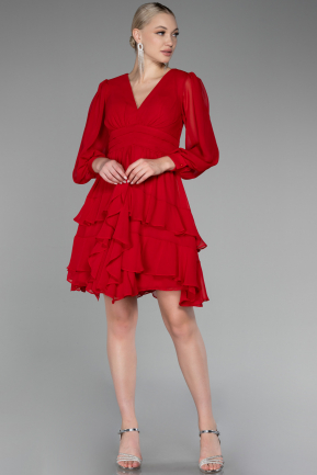 Red Long Sleeve Chiffon Short Cocktail Dress ABK2117