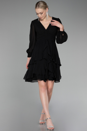Black Long Sleeve Chiffon Short Cocktail Dress ABK2117