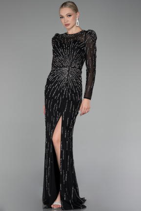 Black Long Sleeve Stone Slit Long Haute Couture Dress ABU4111