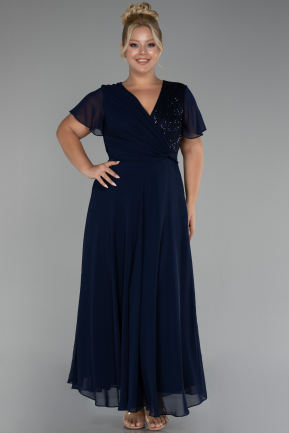 Navy Blue Short Sleeve Midi Chiffon Plus Size Evening Dress ABU4098