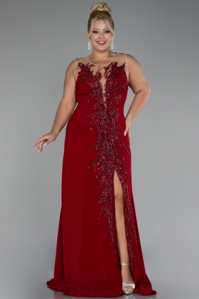 Burgundy Sleeveless Embroidered Slit Long Plus Size Evening Gown ABU4099