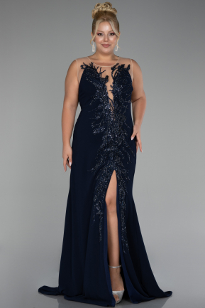 Navy Blue Sleeveless Embroidered Slit Long Plus Size Evening Gown ABU4099