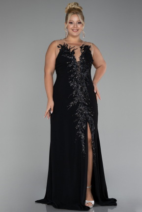 Black Sleeveless Embroidered Slit Long Plus Size Evening Gown ABU4099