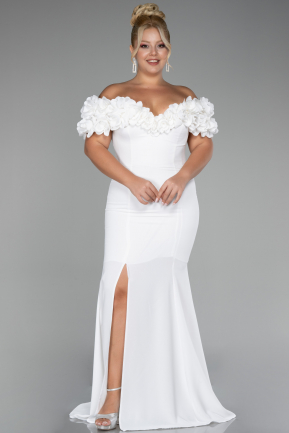 White Boat Neck Slit Long Plus Size Evening Dress ABU4081